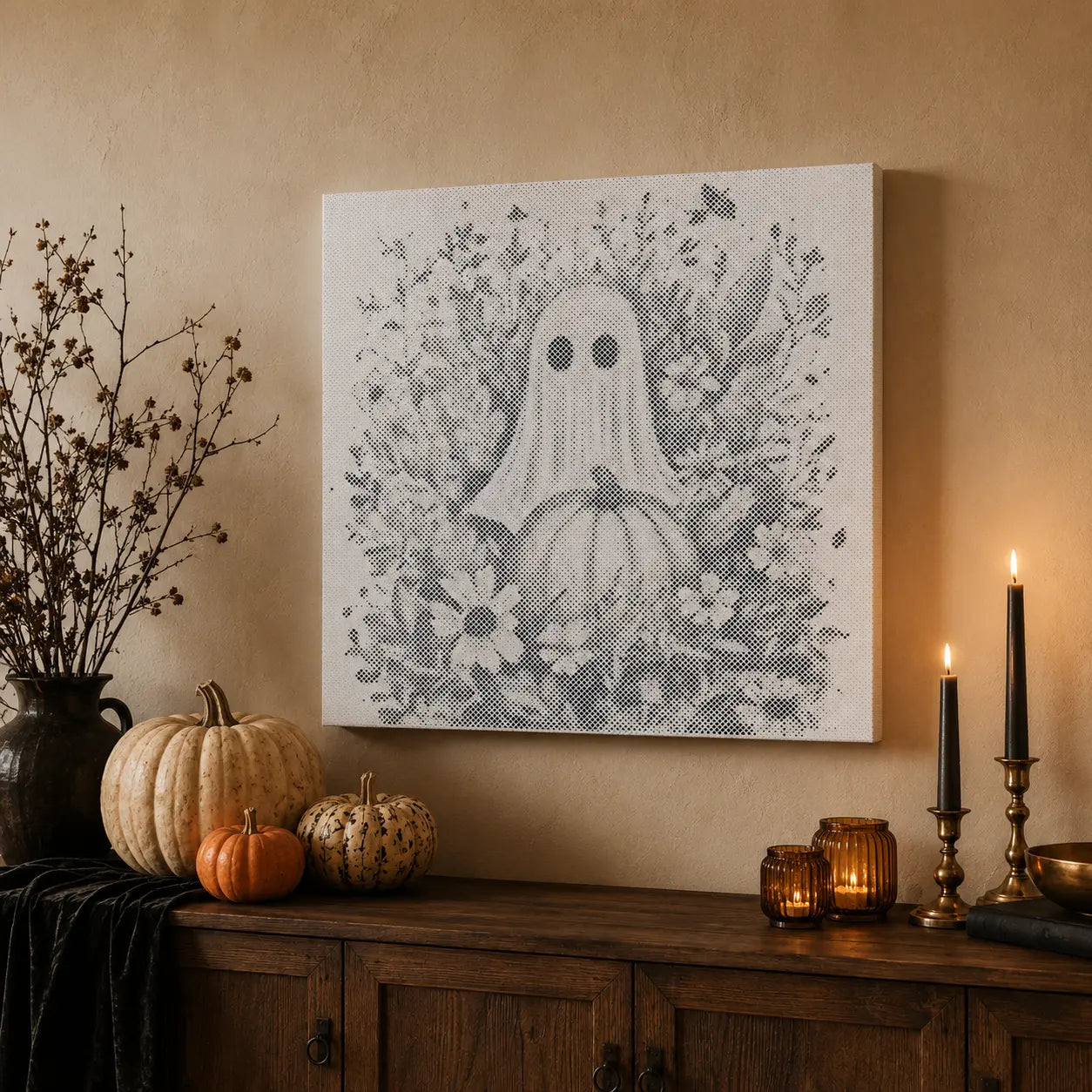 Spöke med pumpa och blommor halloween | Prickmålning