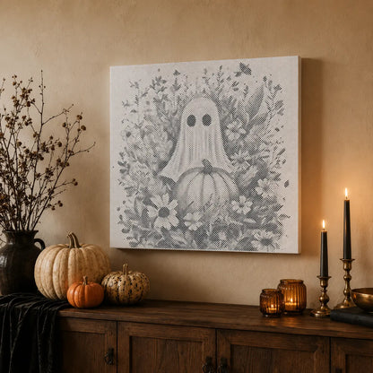 Spöke med pumpa och blommor halloween | Prickmålning