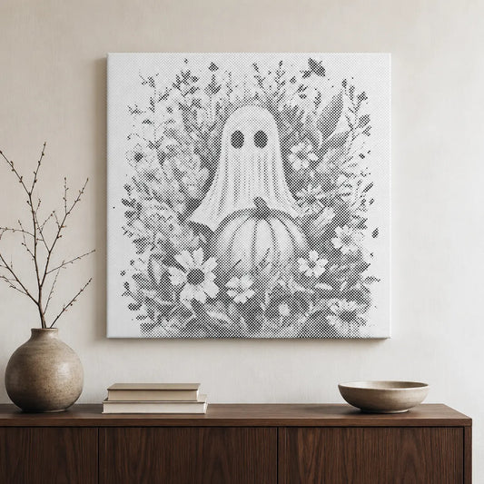 Spöke med pumpa och blommor halloween | Prickmålning