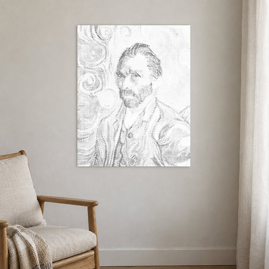 Prickmålningen “Självporträtt av Vincent van Gogh”, på en ljus vägg i ett rum med mjukt dagsljus.