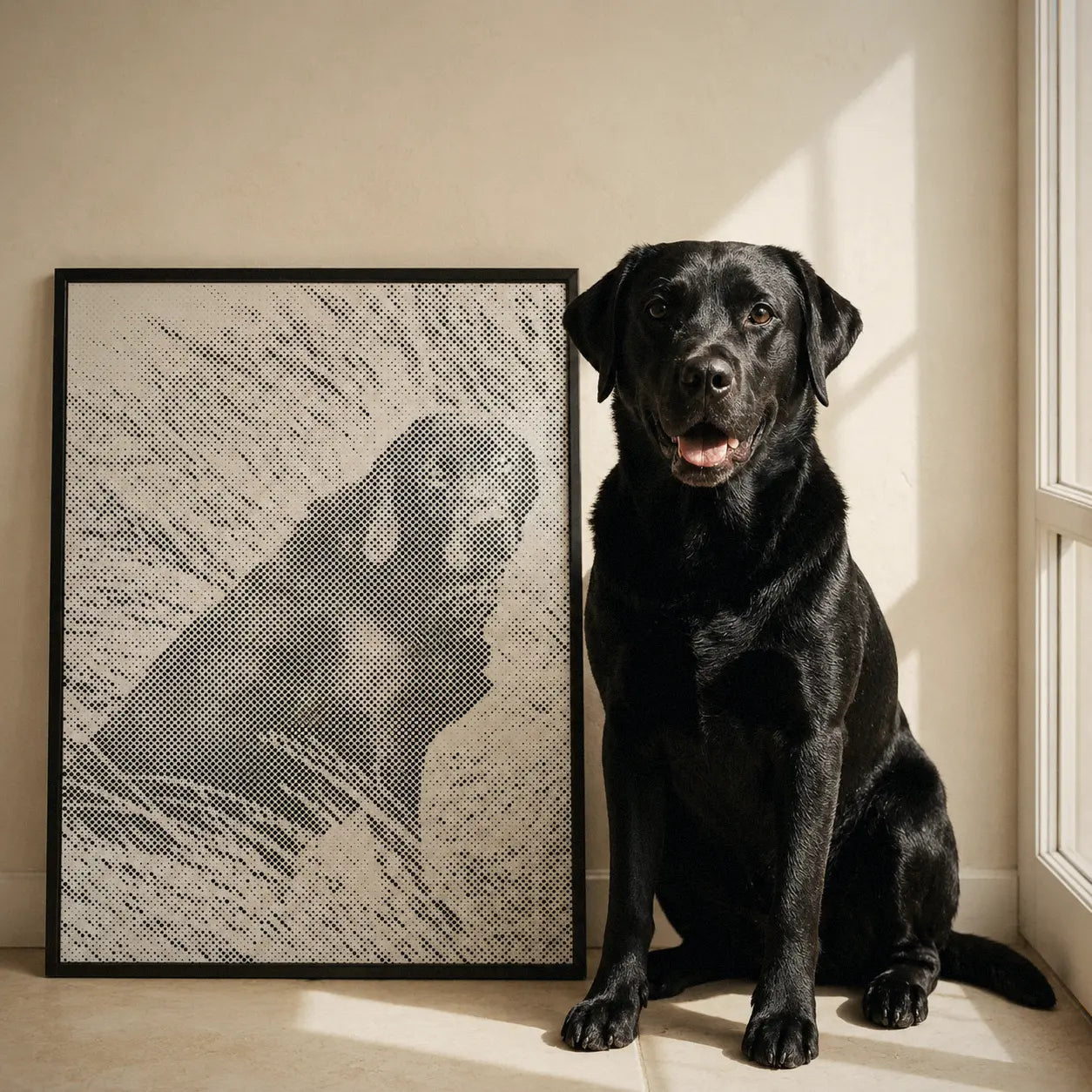 Prickmålning av eget foto med hund bredvid den färdiga tavlan